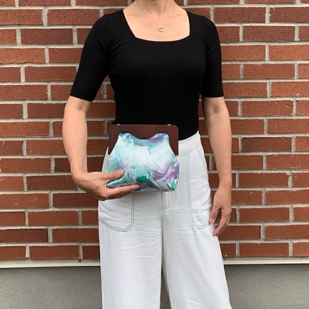 Handmade Genuine Embossed & Printed Leather, Wooden Frame Clutch/Crossbody